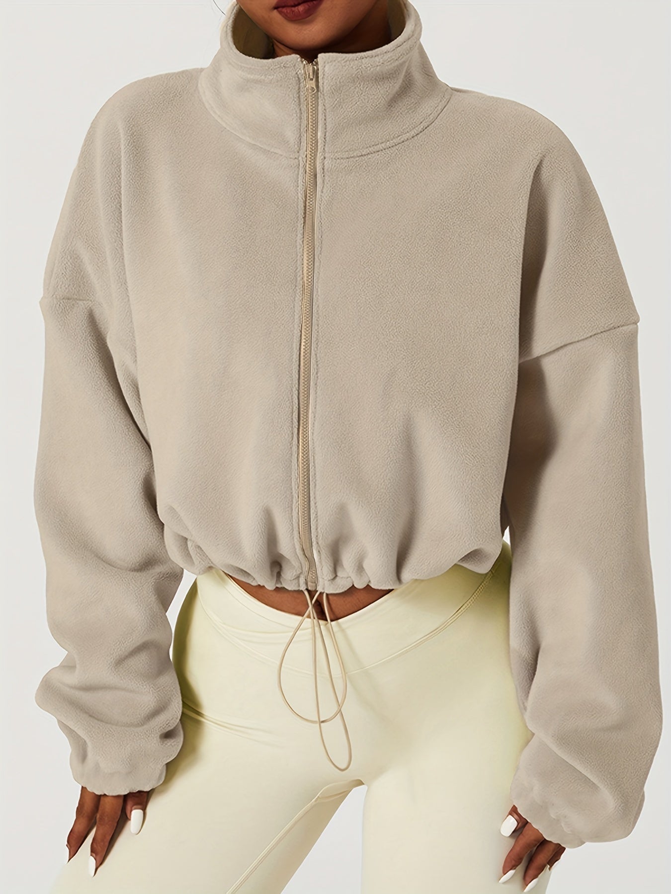 Isla: Fleece Crop Jacket With Zipper And Drawstring