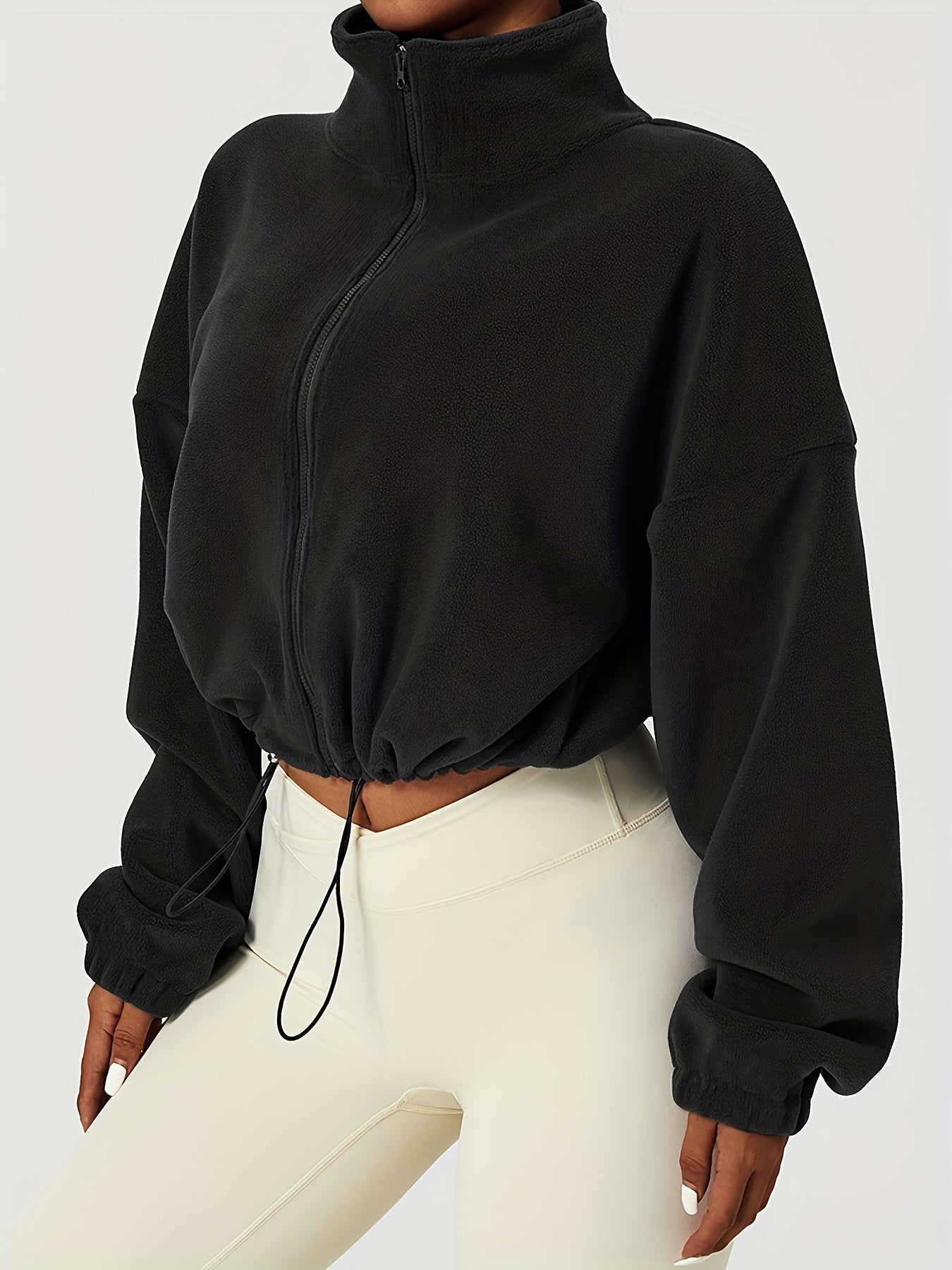 Isla: Fleece Crop Jacket With Zipper And Drawstring